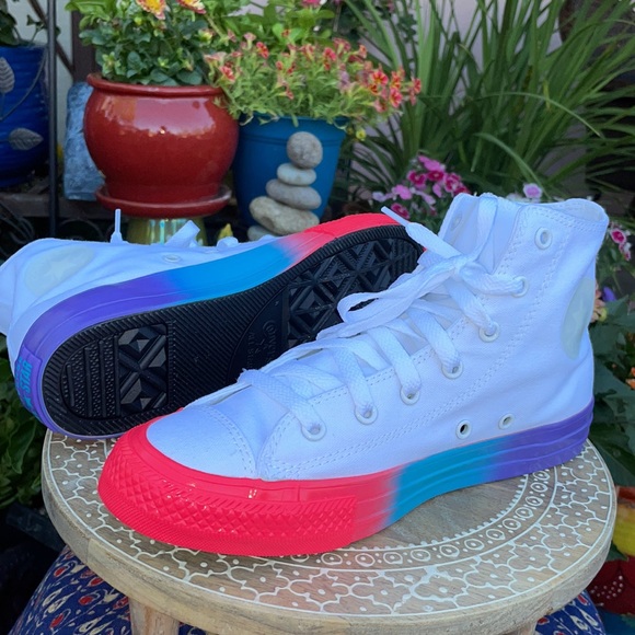 New White & Two-Tone Neon Pink & Turquoise Converse Hi Top Sneakers - Picture 11 of 13
